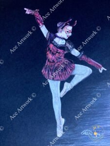 A coloured pencil drawing of Ballerina wearing a black and red costume on a black background. The image is watermarked with a logo, copyright symbol and the following text: Ace Artwork ©