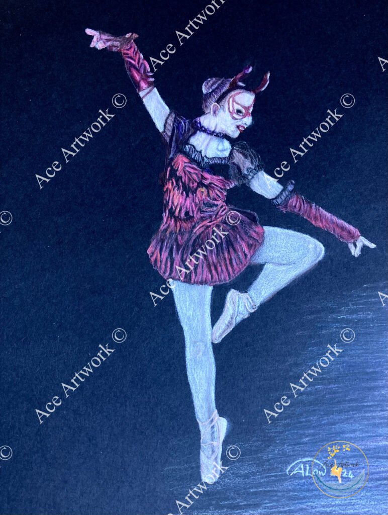 A coloured pencil drawing of a ballerina wearing a black and red costume. Drawn on a dark coloured background. A colour pencil drawing of a Barn Owl perching on a tree stump. Drawn on a pale coloured background. The image is watermarked with a logo, copyright symbol and the following text: Ace Artwork ©