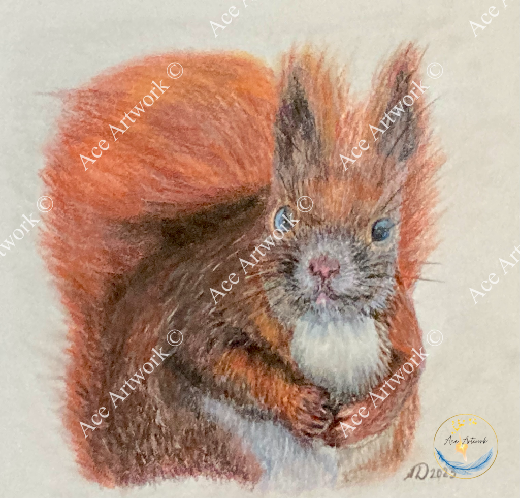 A colour pencil drawing of a red squirrel on a pale background. The image is watermarked with a logo, copyright symbol and the following text: Ace Artwork ©