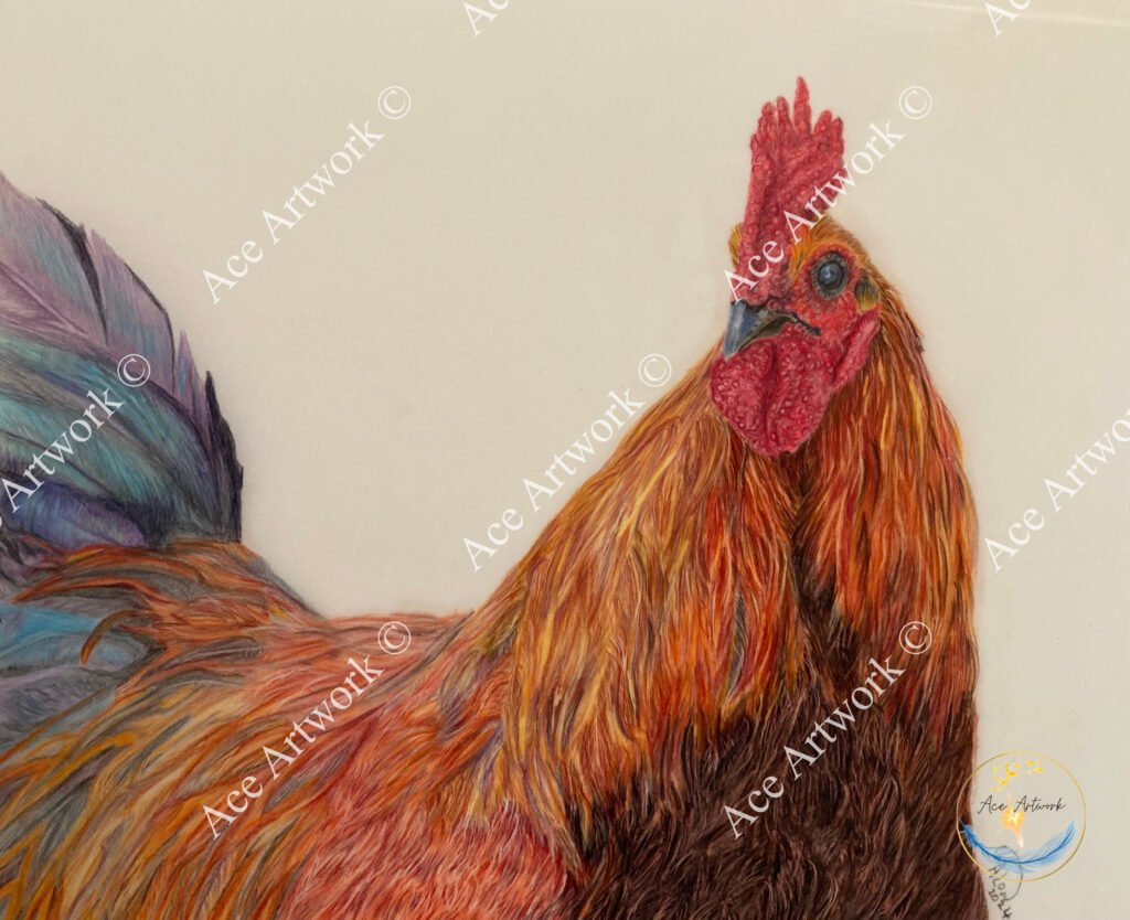 A colour pencil drawing of a brightly coloured rooster on a pale background. The image is watermarked with a logo, copyright symbol and the following text: Ace Artwork ©